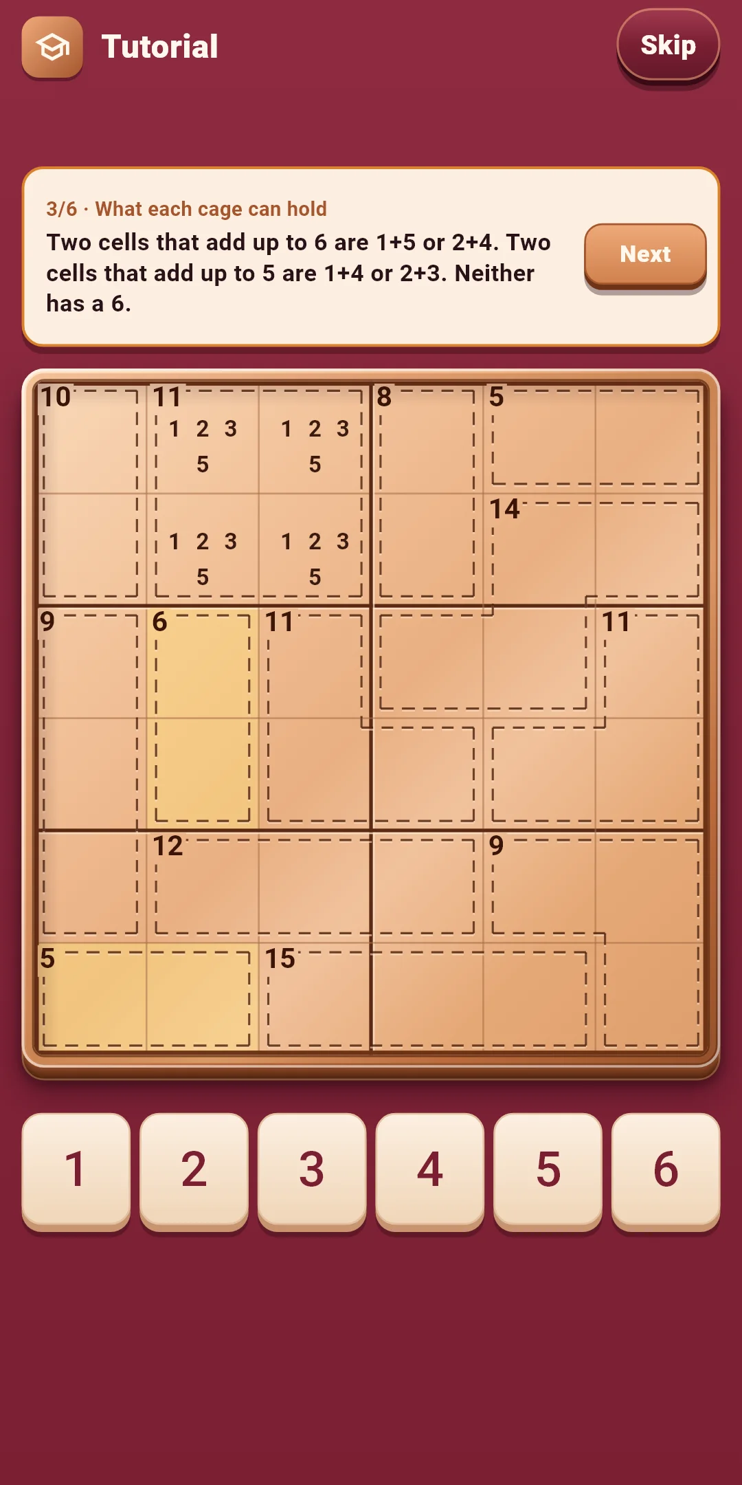 Tutorial — learning the rules on a 6×6 board