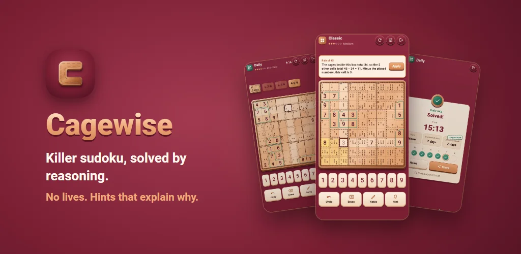 Cagewise — Killer sudoku, solved by reasoning. No lives. Hints that explain why.