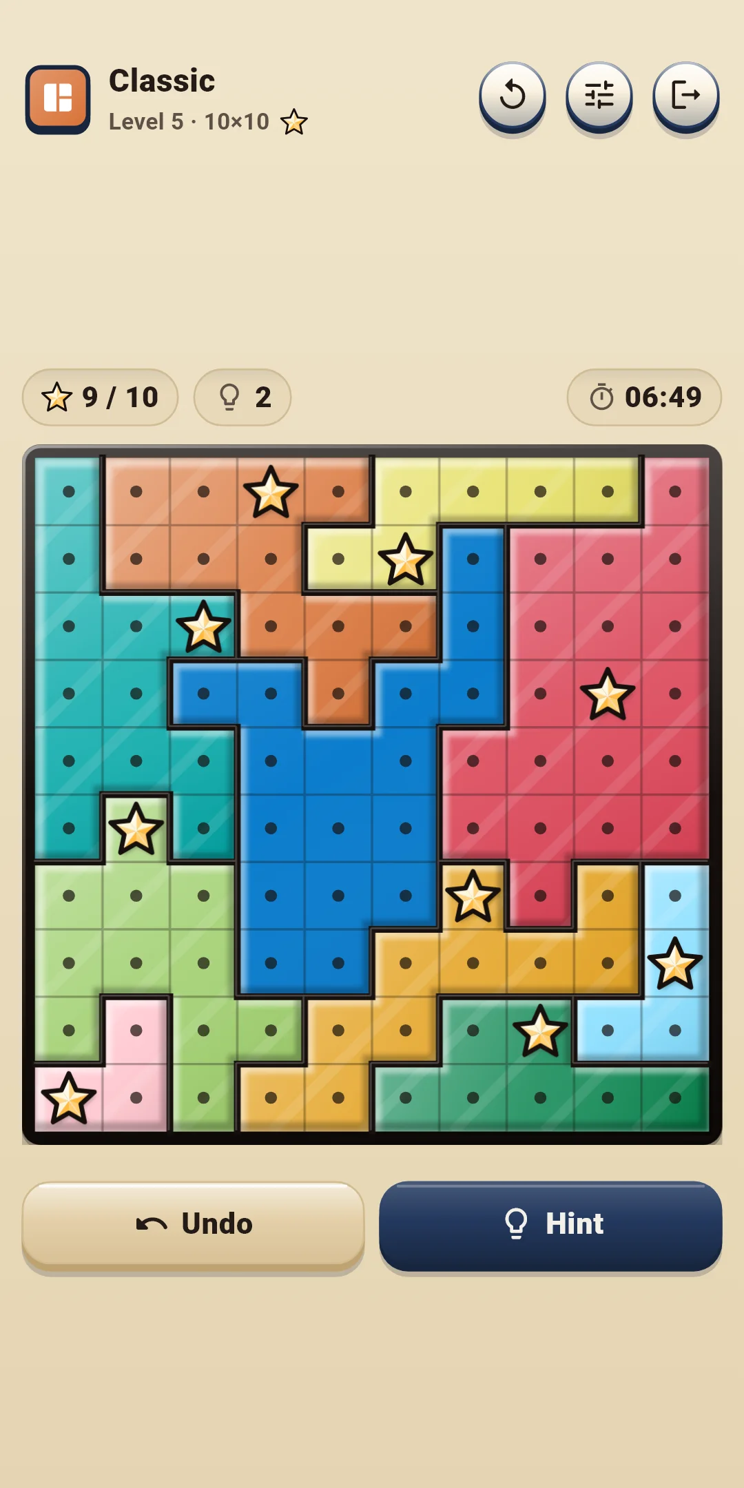 Classic — a nearly solved 10×10 board with glowing regions