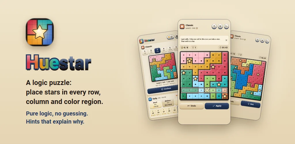 Huestar — A logic puzzle: place stars in every row, column and color region. Pure logic, no guessing. Hints that explain why.