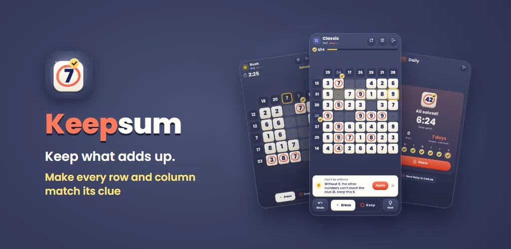 Keepsum — Keep what adds up. Make every row and column match its clue