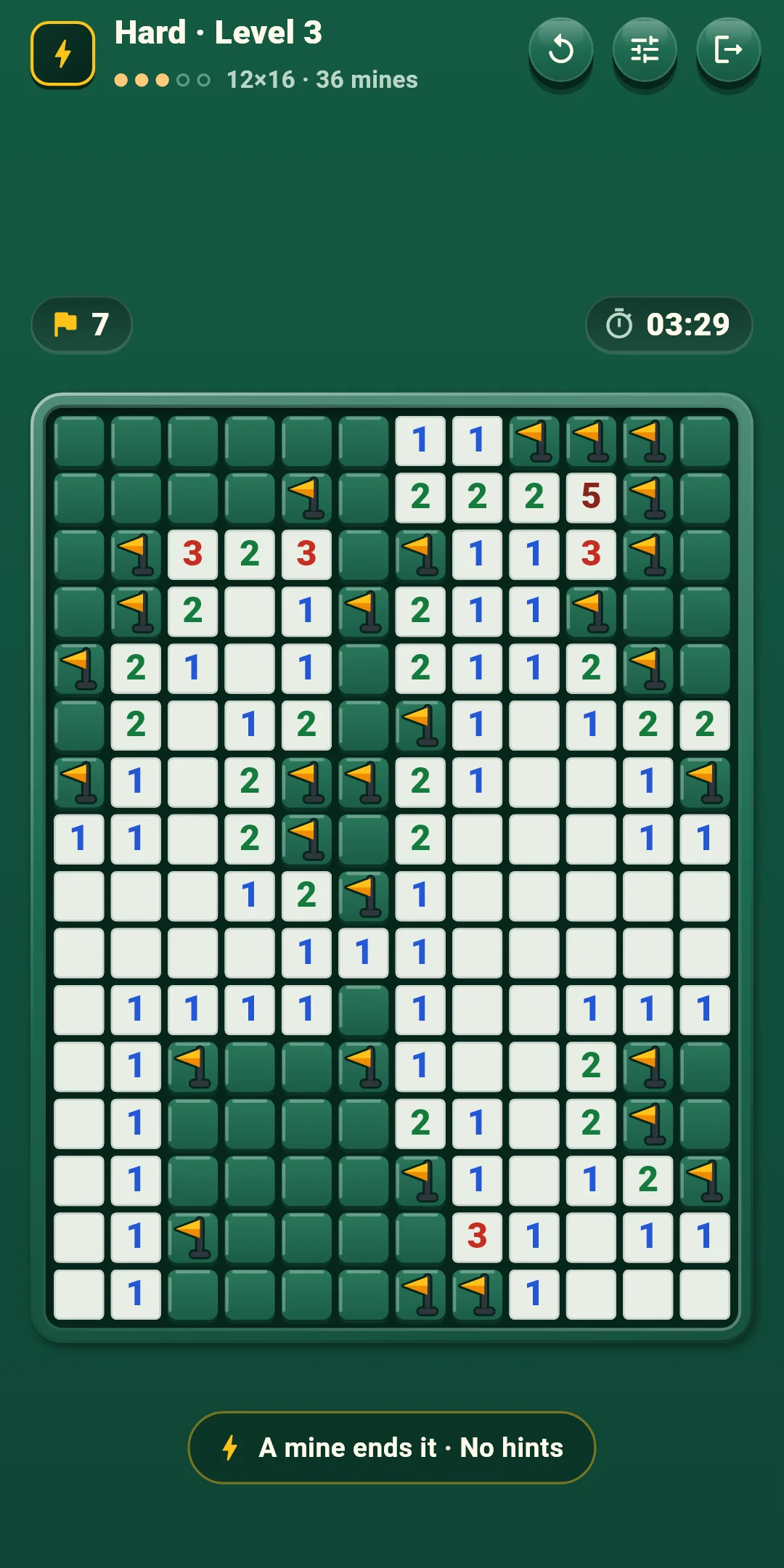 Hard — a mine ends it, no hints