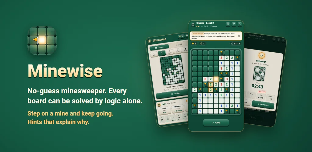 Minewise — No-guess minesweeper. Every board can be solved by logic alone. Step on a mine and keep going. Hints that explain why.