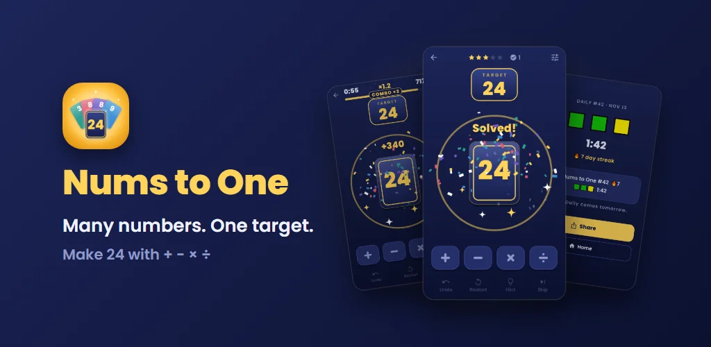 Nums to One — Many numbers. One target. Make 24 with + − × ÷
