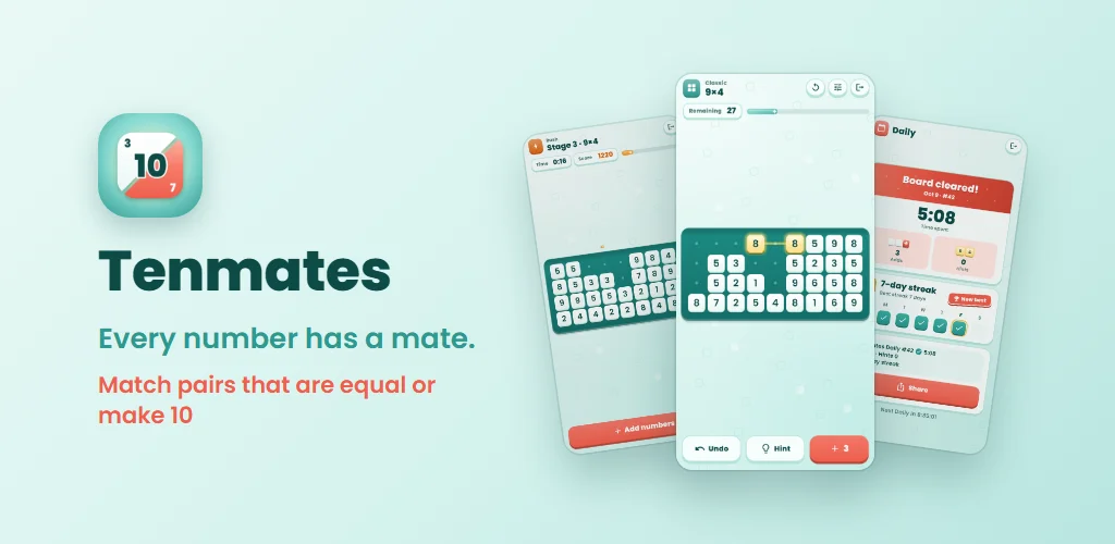 Tenmates — Every number has a mate. Match pairs that are equal or make 10