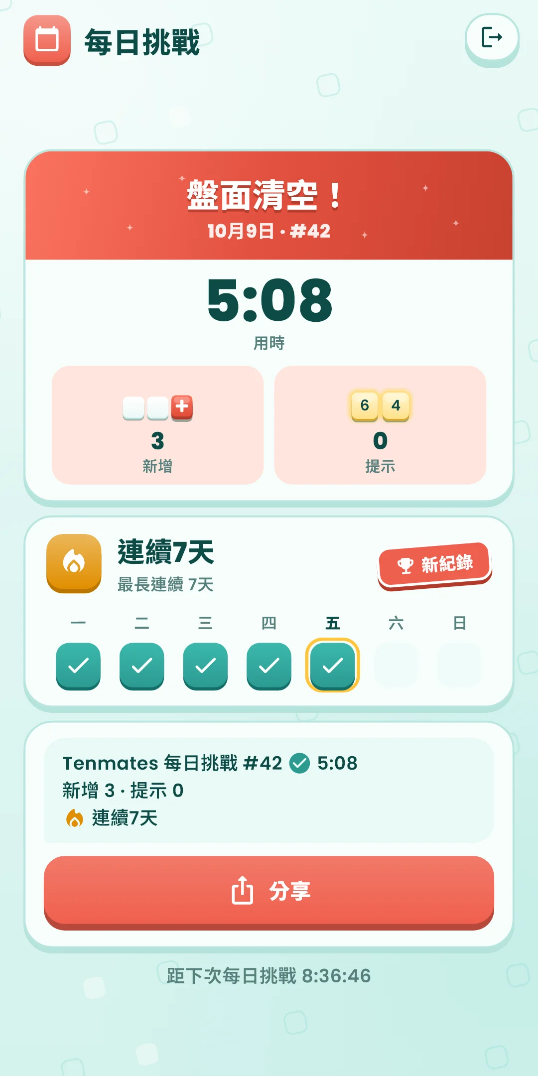 每日挑戰 — 結果畫面